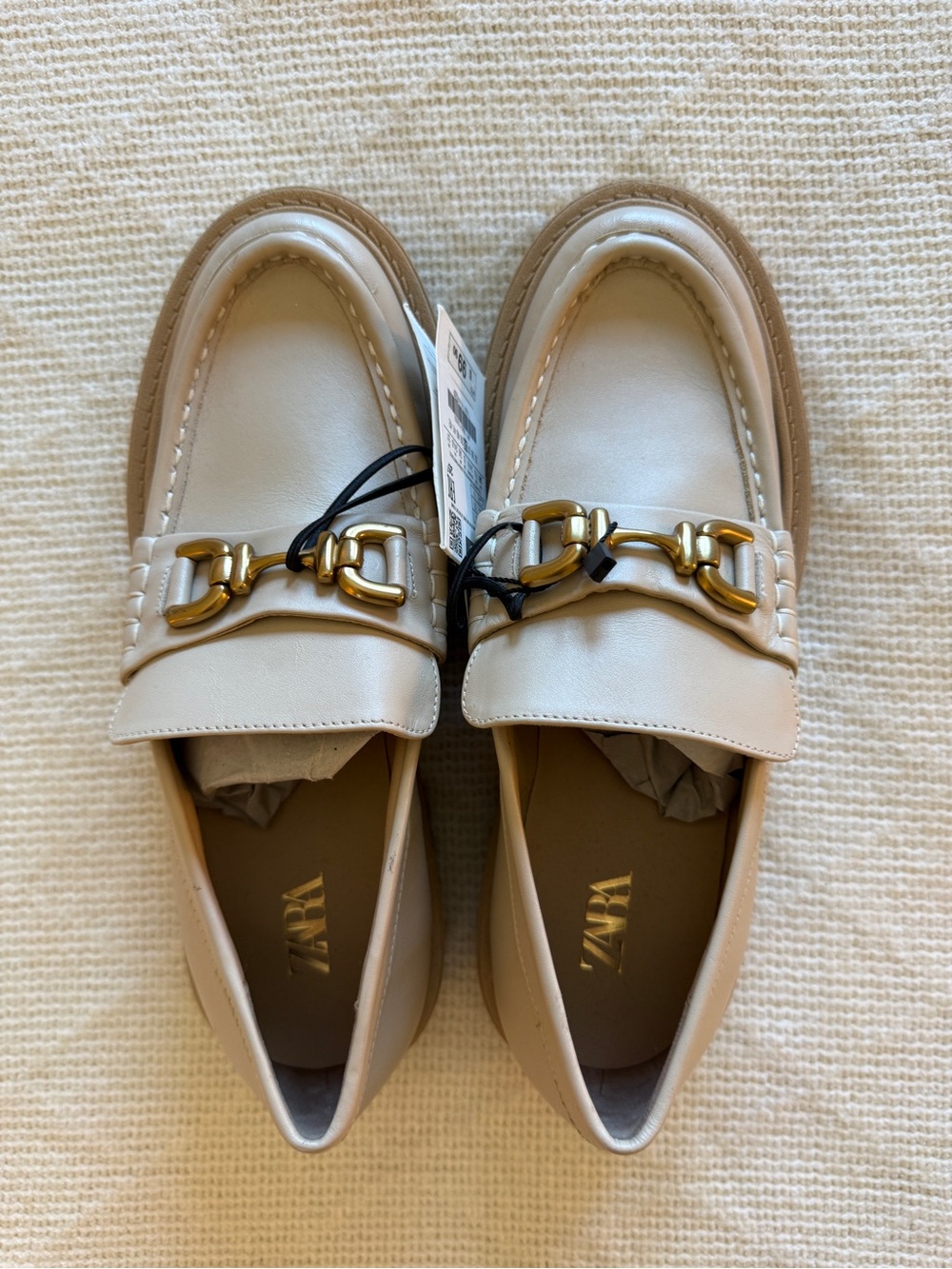 ZARA Tan Leather Loafers with Gold Buckle Detail